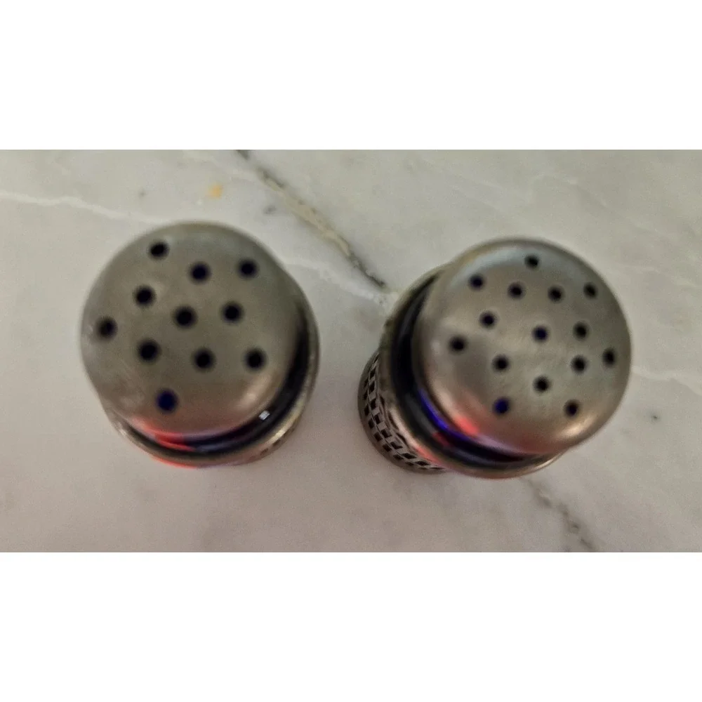 Vintage Salt & Pepper‎ Art Deco Cobalt Blue Glass With A  Silver Lattice Design
